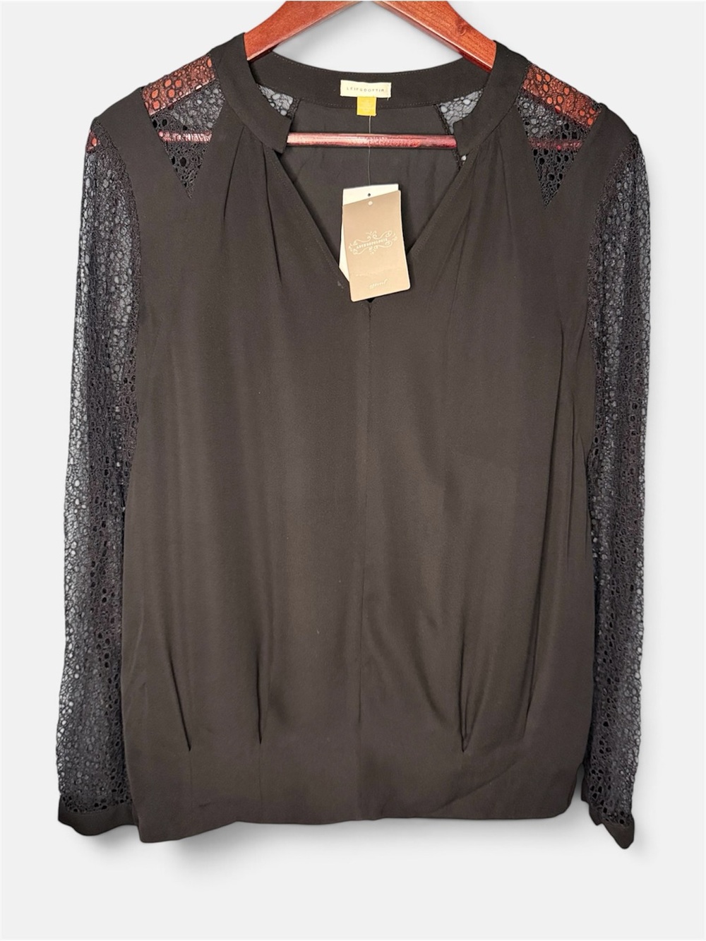 NWT Anthropologie leifsdottir Black Silk Lace-Sleeve Sheer V-Neck Top | Size 10